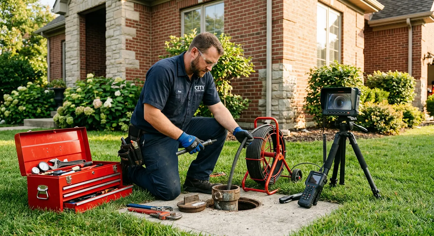 Sewer specialist with camera equipment servicing a cleanout in Wappinger