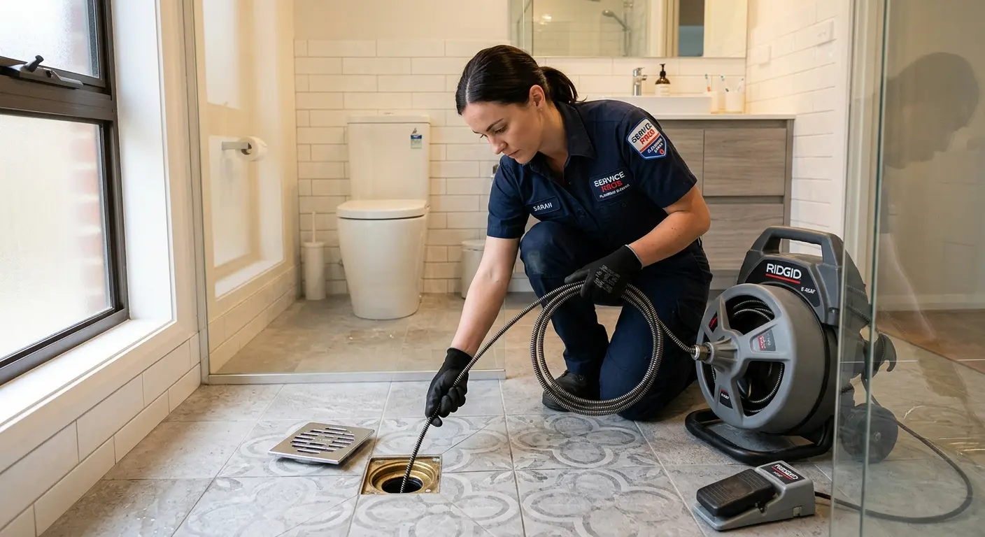 Technician clearing a bathroom floor drain for Sewer Line Installation in Wappinger